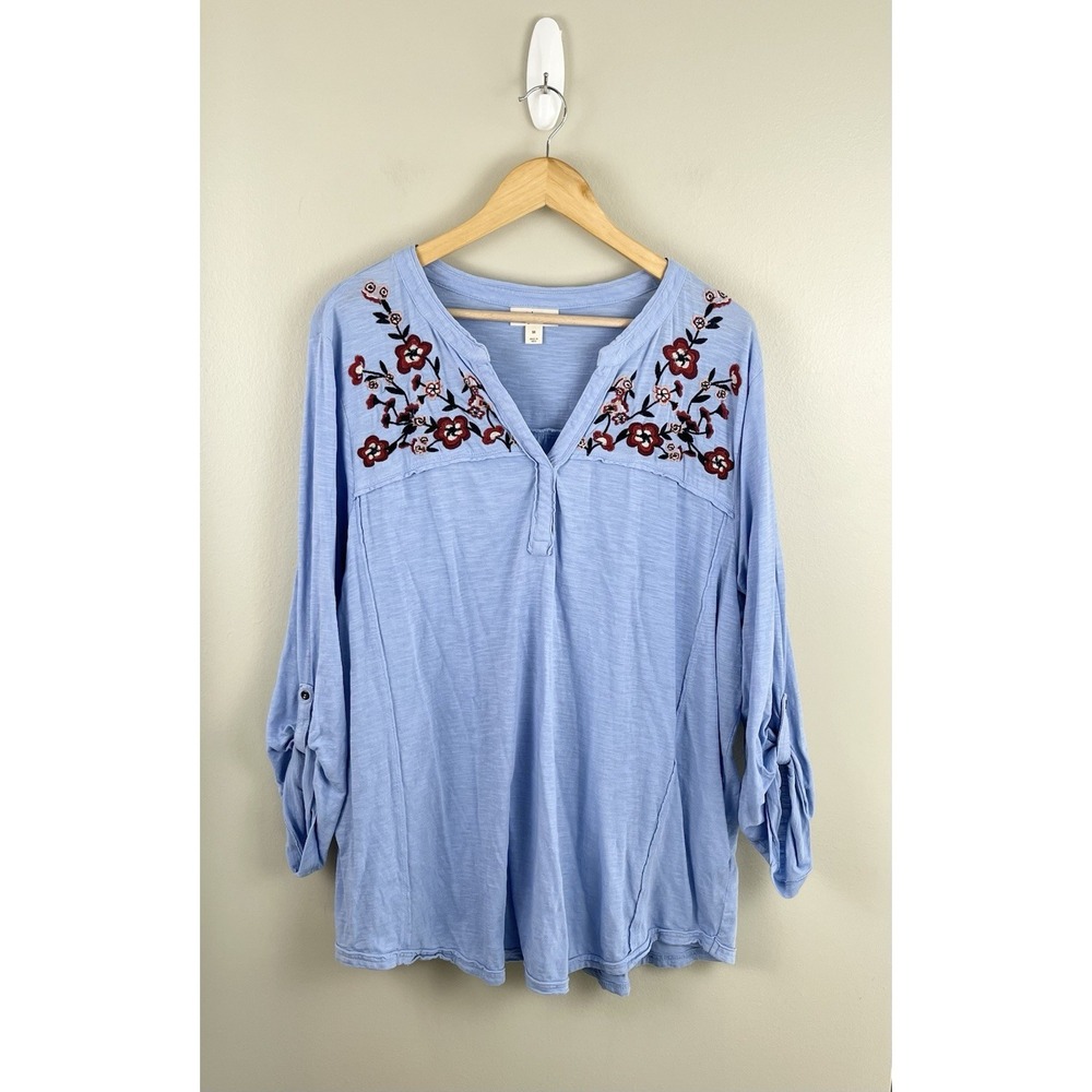 Style‎ & Co. Plus 3X Embroidered Cotton Popover Roll Tab Sleeve Top Boho (flaw)